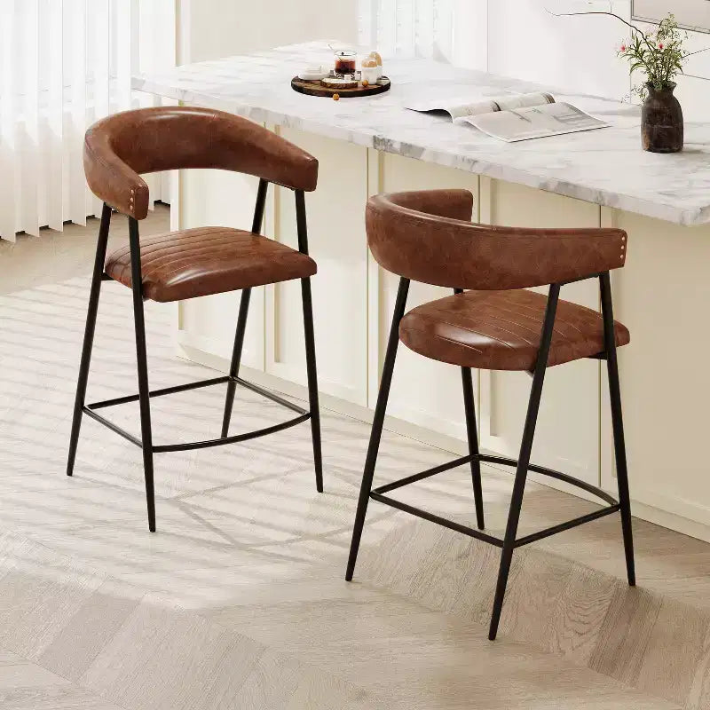 Christopher Knight Home Sara Upholstered 26 Faux Leather Iron Frame Counter Stool with Footrest, Brown