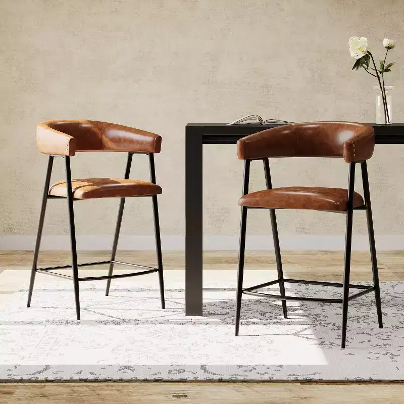 Tabouret de comptoir rembourré en similicuir avec cadre en fer, repose-pieds, marron