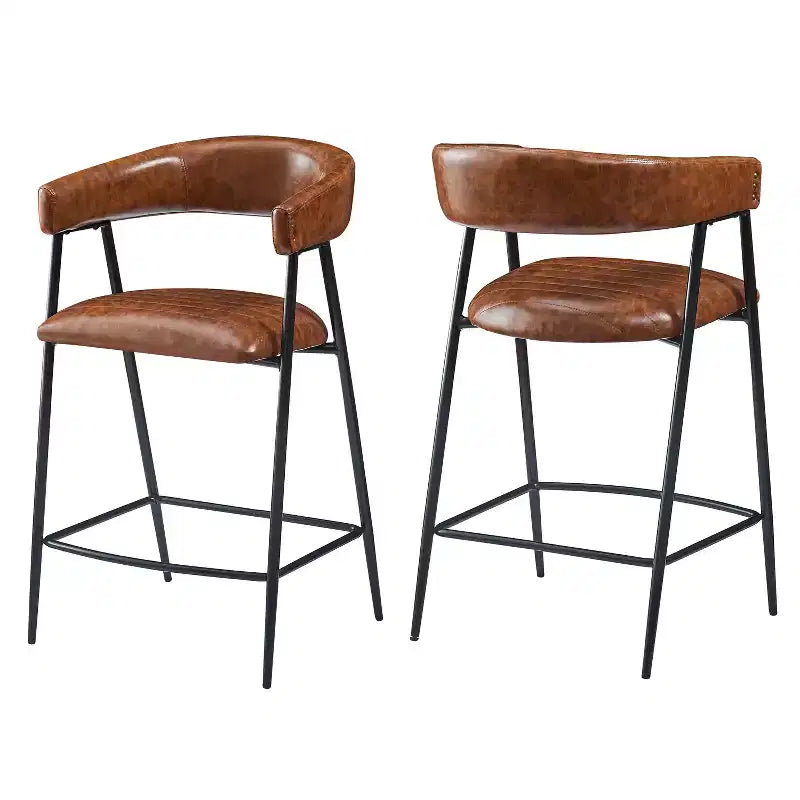 Tabouret de comptoir rembourré en similicuir avec cadre en fer, repose-pieds, marron