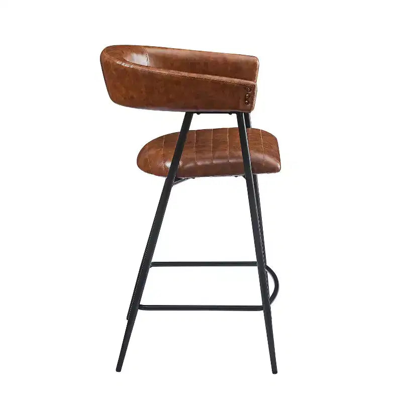 Tabouret de comptoir rembourré en similicuir avec cadre en fer, repose-pieds, marron
