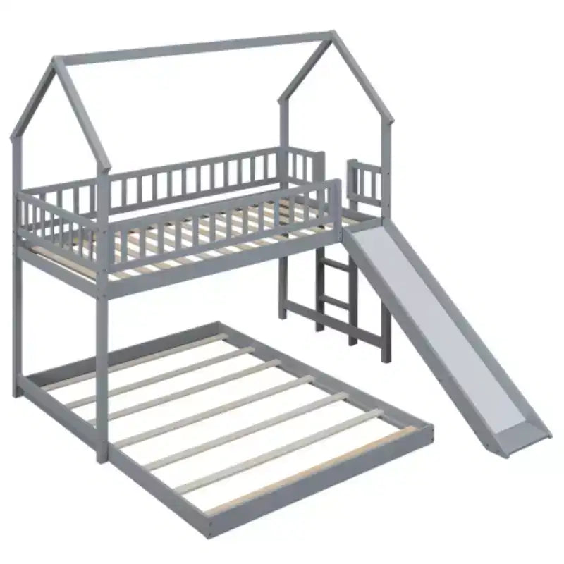Lit superposé cabane double sur double avec toboggan et échelle intégrée, garde-corps pleine longueur, gris