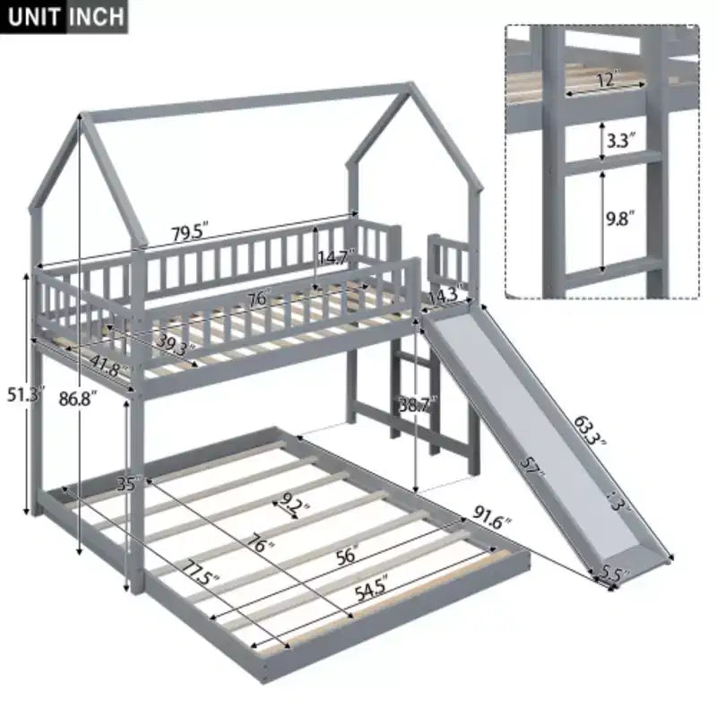 Lit superposé cabane double sur double avec toboggan et échelle intégrée, garde-corps pleine longueur, gris
