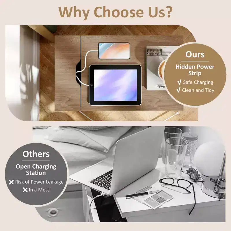 Table d'appoint 1/2 pièce avec station de recharge, table de chevet à plateau rabattable avec ports USB et prises, marron