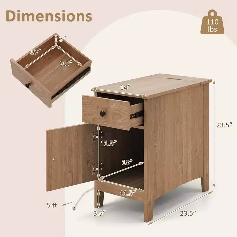Table d'appoint 1/2 pièce avec station de recharge, table de chevet à plateau rabattable avec ports USB et prises, marron
