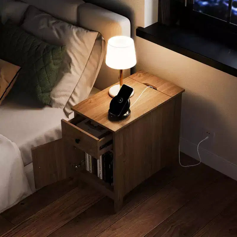 Table d'appoint 1/2 pièce avec station de recharge, table de chevet à plateau rabattable avec ports USB et prises, marron
