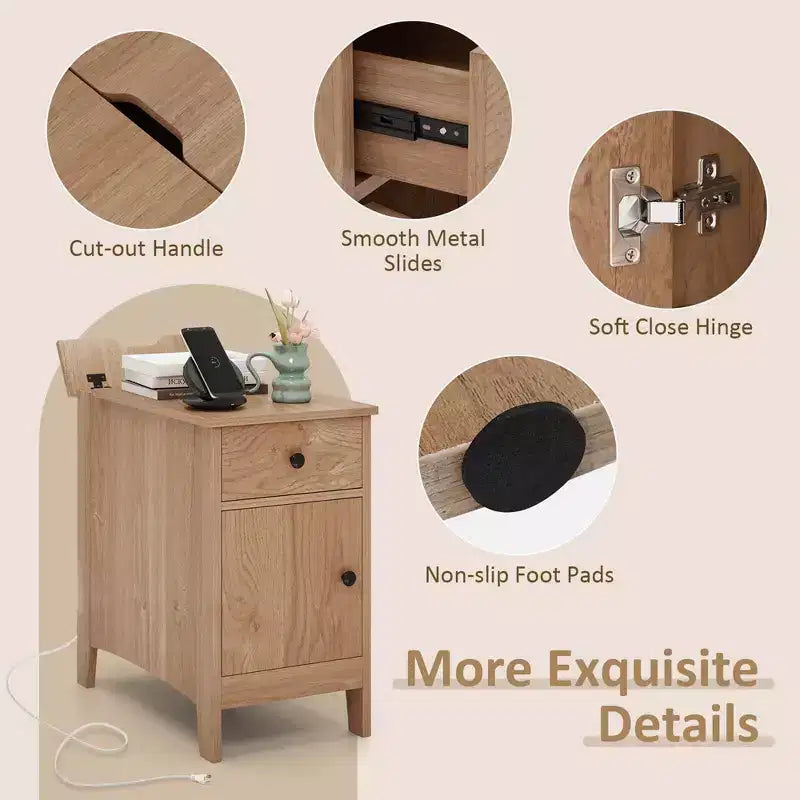 Table d'appoint 1/2 pièce avec station de recharge, table de chevet à plateau rabattable avec ports USB et prises, marron