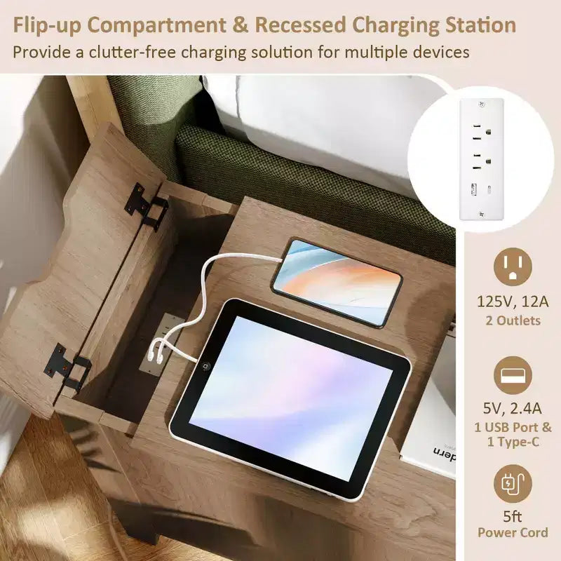 Table d'appoint 1/2 pièce avec station de recharge, table de chevet à plateau rabattable avec ports USB et prises, marron