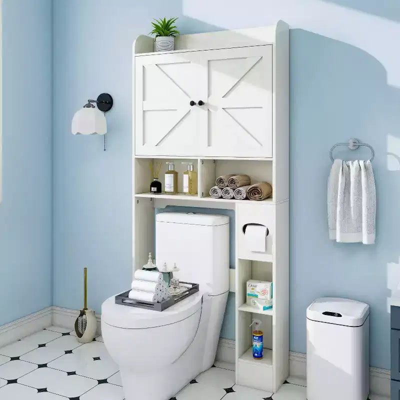 Meuble de rangement au-dessus des toilettes | Étagère de rangement de salle de bain avec portes coulissantes, porte-rouleau de papier toilette