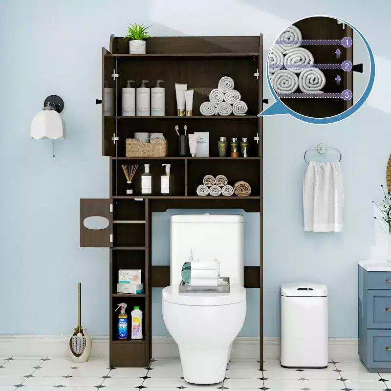 Meuble de rangement au-dessus des toilettes | Étagère de rangement de salle de bain avec portes coulissantes, porte-rouleau de papier toilette