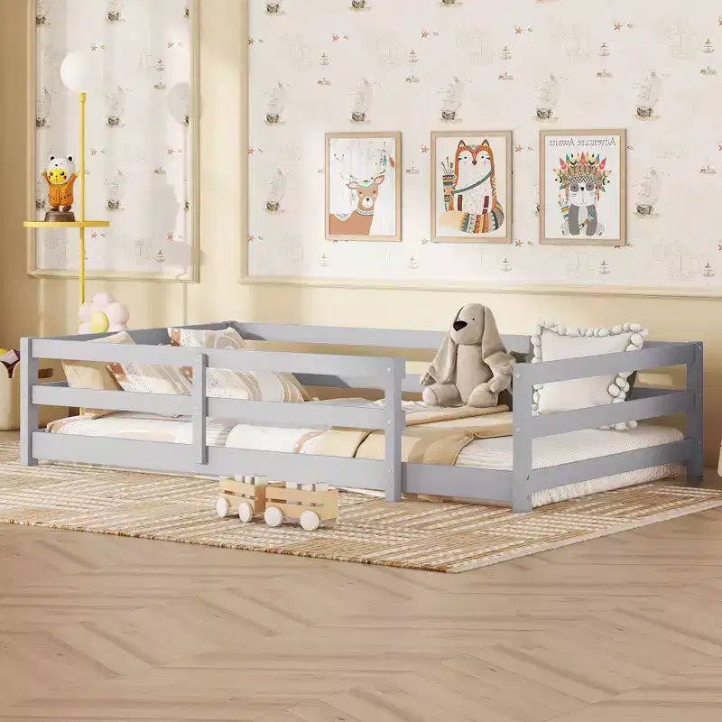 Cadre de lit double/complet, lit pour tout-petits moderne bas avec barrières de sécurité, cadre en bois massif pour chambre d'enfant