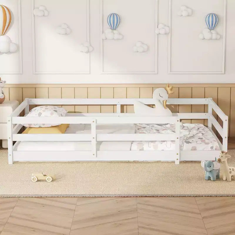 Cadre de lit double/complet, lit pour tout-petits moderne bas avec barrières de sécurité, cadre en bois massif pour chambre d'enfant