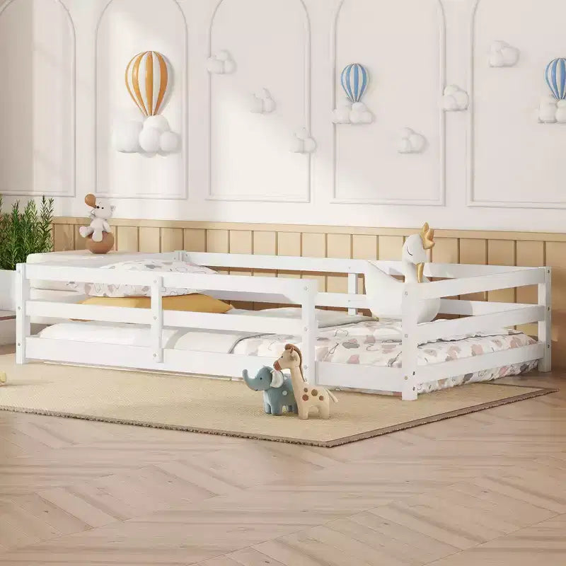 Cadre de lit double/complet, lit pour tout-petits moderne bas avec barrières de sécurité, cadre en bois massif pour chambre d'enfant