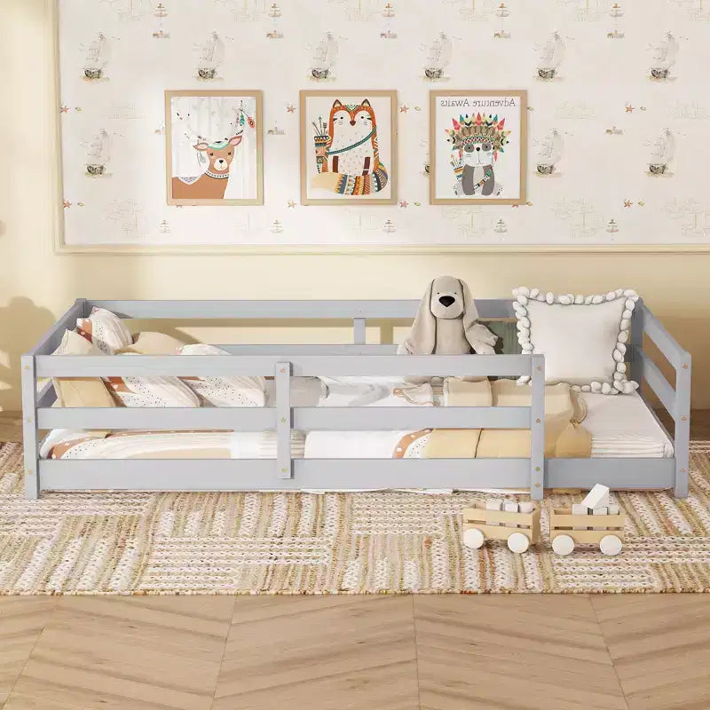 Cadre de lit double/complet, lit pour tout-petits moderne bas avec barrières de sécurité, cadre en bois massif pour chambre d'enfant