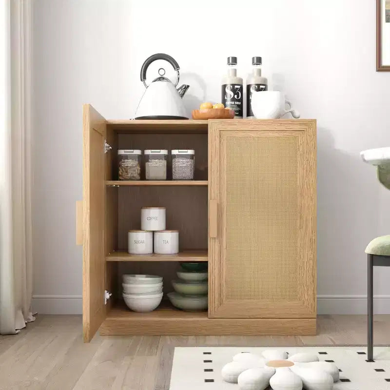 Buffet bas en bois 31x31x16, meuble de rangement avec étagères réglables et portes en rotin pour cuisine, chambre, salon/salle à manger