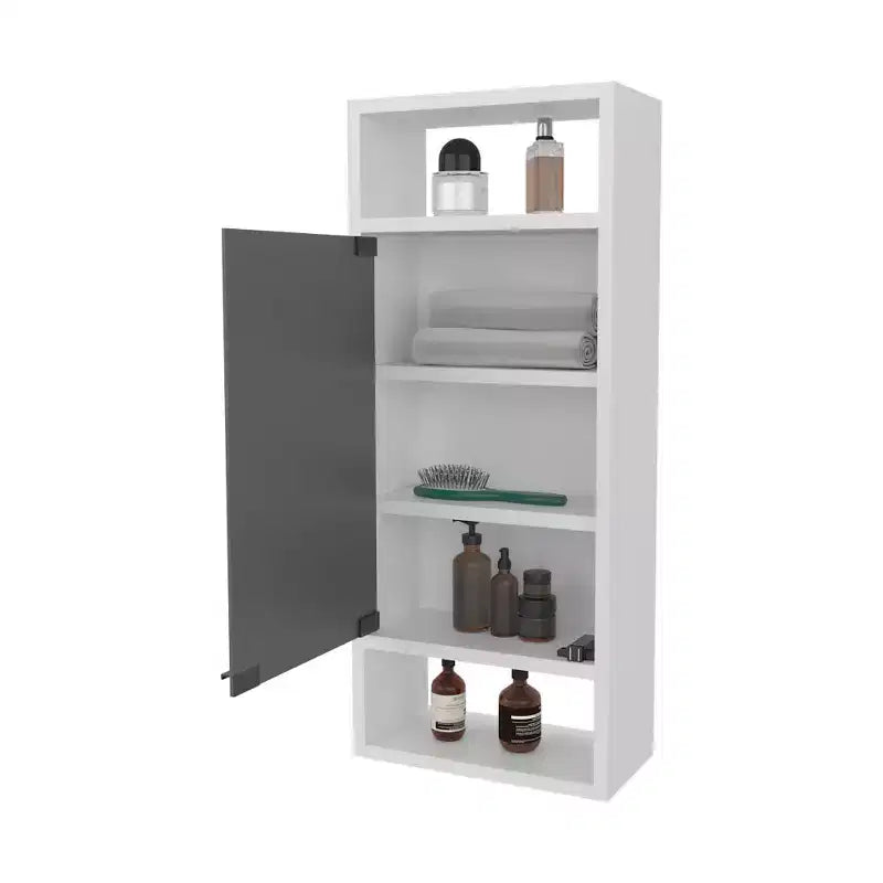 Armoire à pharmacie chic aspect pin avec porte miroir et rangement ouvert | Blanc