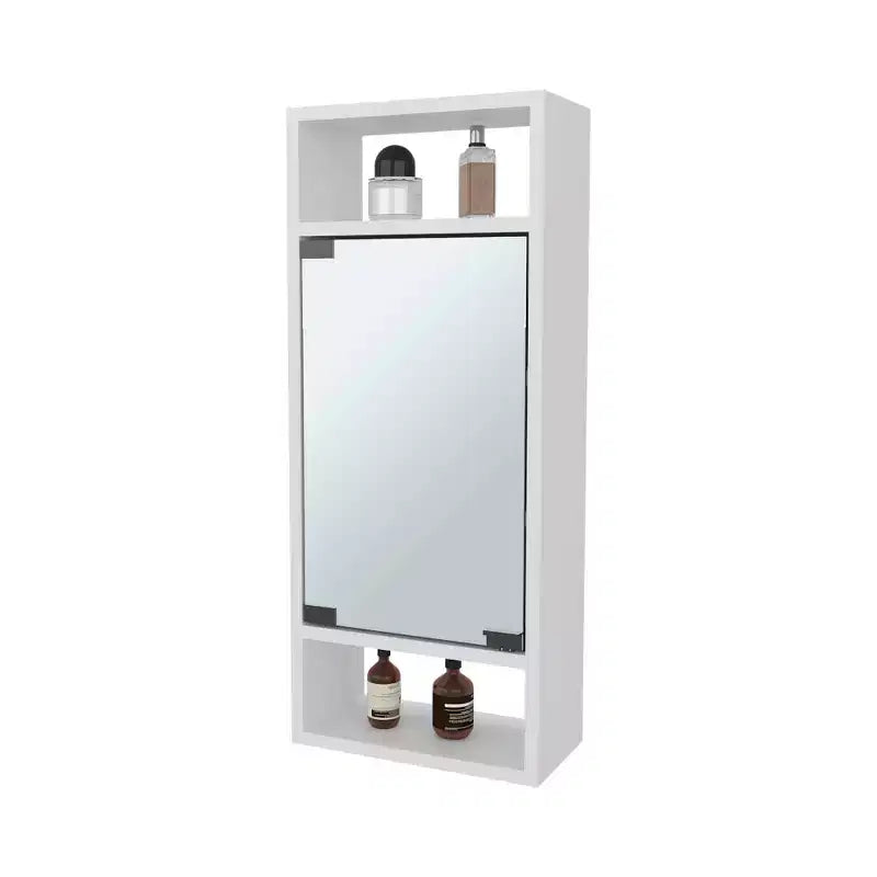 Armoire à pharmacie chic aspect pin avec porte miroir et rangement ouvert | Blanc