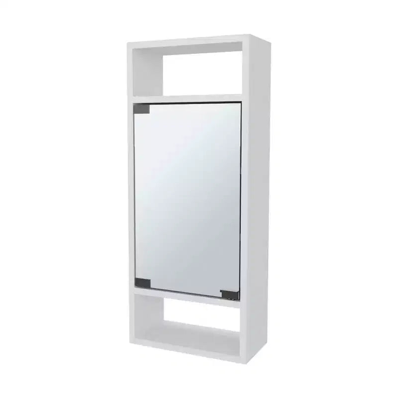 Armoire à pharmacie chic aspect pin avec porte miroir et rangement ouvert | Blanc