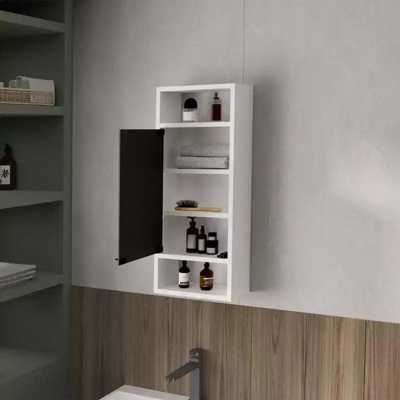 Armoire à pharmacie chic aspect pin avec porte miroir et rangement ouvert | Blanc