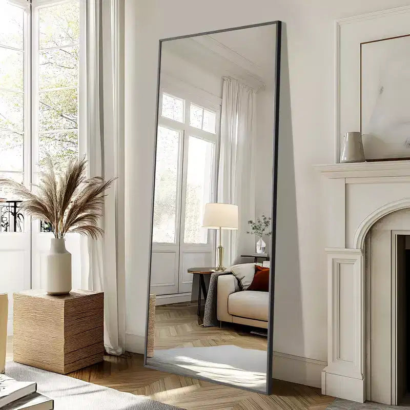 Miroir rectangulaire pleine longueur, miroir sur pied 71x31 avec support, miroir pleine longueur à cadre en alliage d'aluminium noir pour chambre à coucher et salon, noir