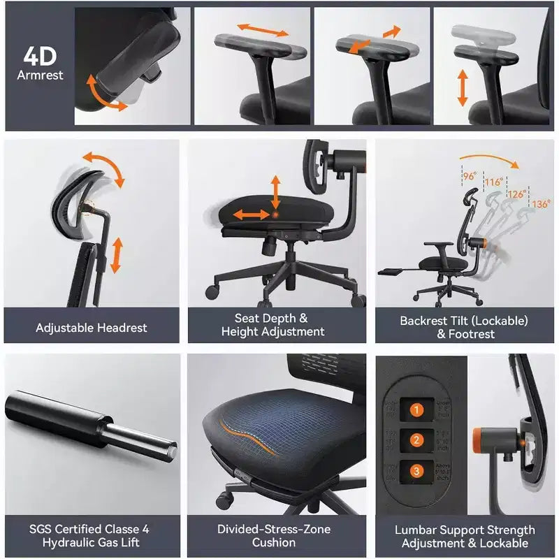 Chaise Ergonomique avec Repose-Pieds - Chaise de Bureau à Domicile avec Support Lombaire Auto-Ajustable, Accoudoir 4D, Profondeur et Hauteur d'Assise Réglables