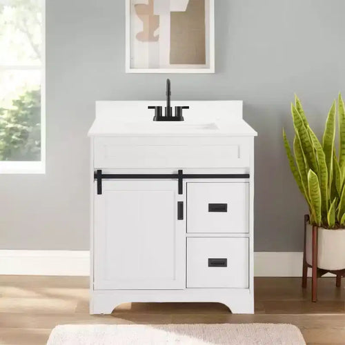 Bestier 30 White Farmhouse Bathroom Vanity with Sliding Barn Doors, 2 Drawers, Freestanding Vanity with Protective Backsplash