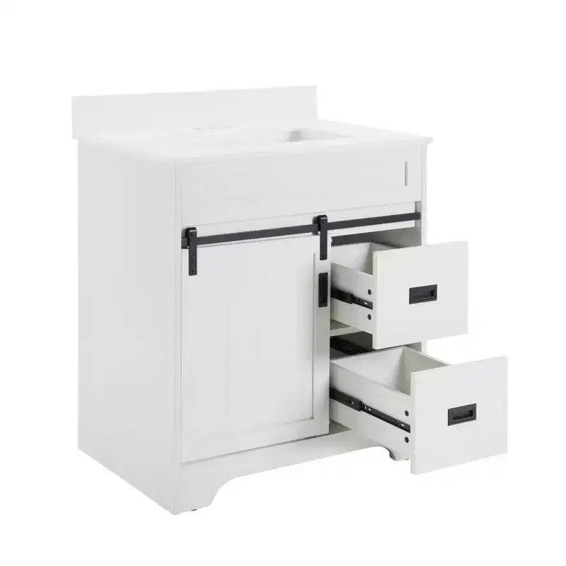 Meuble-lavabo de salle de bain de ferme blanc de 76,2 cm avec portes coulissantes de grange, 2 tiroirs, meuble-lavabo autoportant avec dosseret de protection