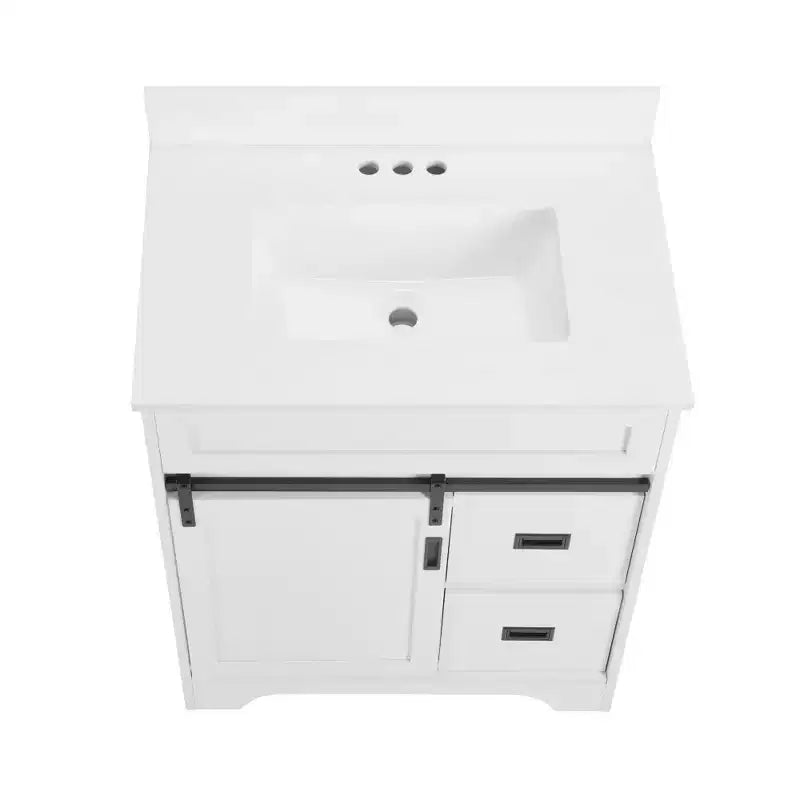 Meuble-lavabo de salle de bain de ferme blanc de 76,2 cm avec portes coulissantes de grange, 2 tiroirs, meuble-lavabo autoportant avec dosseret de protection