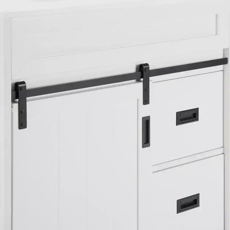 Meuble-lavabo de salle de bain de ferme blanc de 76,2 cm avec portes coulissantes de grange, 2 tiroirs, meuble-lavabo autoportant avec dosseret de protection
