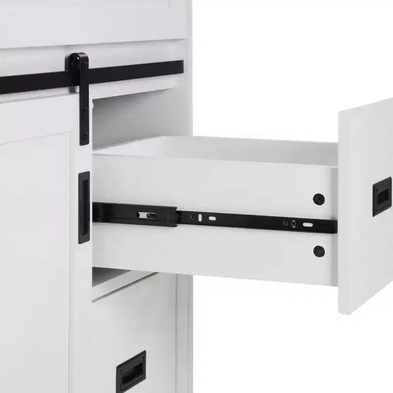 Meuble-lavabo de salle de bain de ferme blanc de 76,2 cm avec portes coulissantes de grange, 2 tiroirs, meuble-lavabo autoportant avec dosseret de protection
