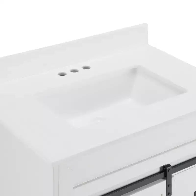 Meuble-lavabo de salle de bain de ferme blanc de 76,2 cm avec portes coulissantes de grange, 2 tiroirs, meuble-lavabo autoportant avec dosseret de protection