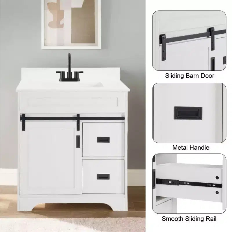 Meuble-lavabo de salle de bain de ferme blanc de 76,2 cm avec portes coulissantes de grange, 2 tiroirs, meuble-lavabo autoportant avec dosseret de protection