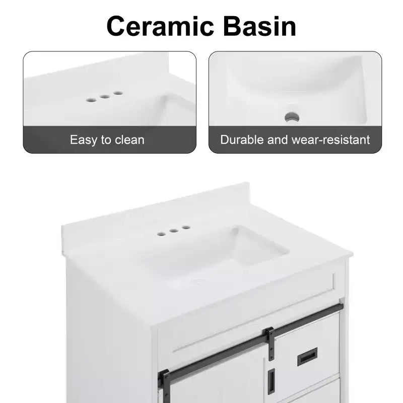 Meuble-lavabo de salle de bain de ferme blanc de 76,2 cm avec portes coulissantes de grange, 2 tiroirs, meuble-lavabo autoportant avec dosseret de protection