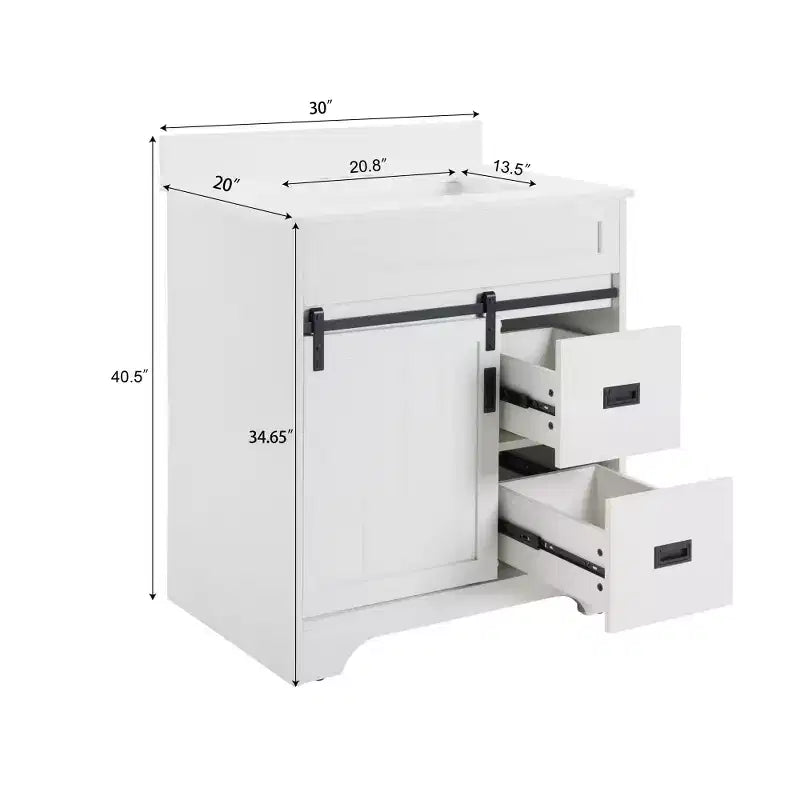 Meuble-lavabo de salle de bain de ferme blanc de 76,2 cm avec portes coulissantes de grange, 2 tiroirs, meuble-lavabo autoportant avec dosseret de protection