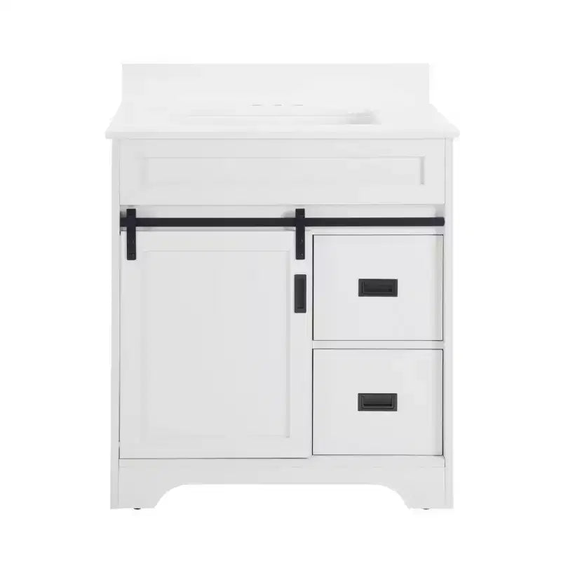Meuble-lavabo de salle de bain de ferme blanc de 76,2 cm avec portes coulissantes de grange, 2 tiroirs, meuble-lavabo autoportant avec dosseret de protection
