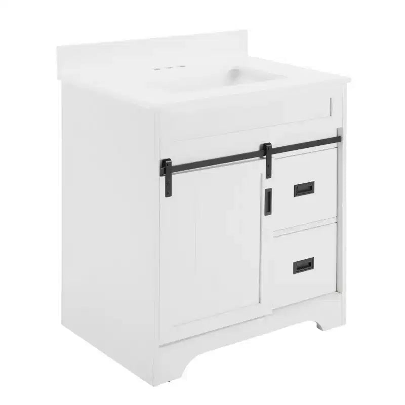 Meuble-lavabo de salle de bain de ferme blanc de 76,2 cm avec portes coulissantes de grange, 2 tiroirs, meuble-lavabo autoportant avec dosseret de protection
