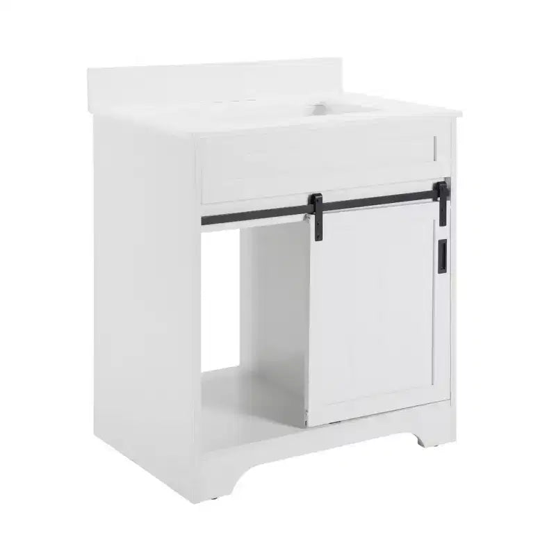 Meuble-lavabo de salle de bain de ferme blanc de 76,2 cm avec portes coulissantes de grange, 2 tiroirs, meuble-lavabo autoportant avec dosseret de protection