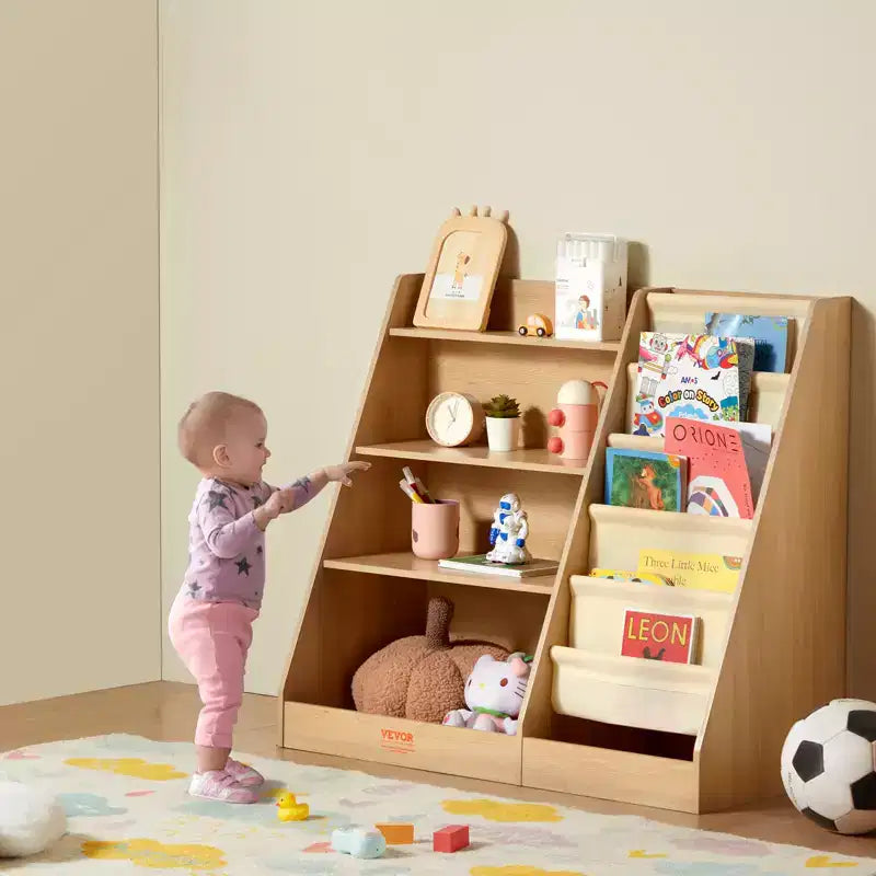Étagère à Livres en Bois à 4 Niveaux pour Enfants, Bibliothèque à Bretelles à Six Couches, Présentoir à Livres de Rangement pour Bébé, Organisateur de Livres et Jouets, pour Chambre d'Enfant, Salle de Jeux