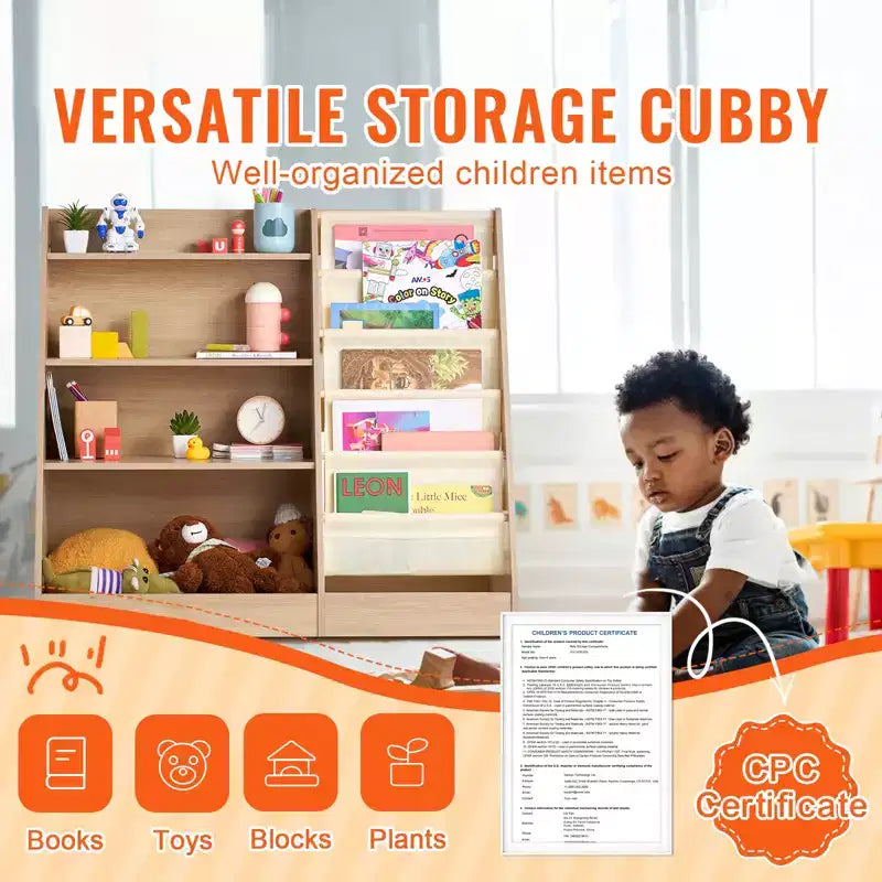 Étagère à Livres en Bois à 4 Niveaux pour Enfants, Bibliothèque à Bretelles à Six Couches, Présentoir à Livres de Rangement pour Bébé, Organisateur de Livres et Jouets, pour Chambre d'Enfant, Salle de Jeux