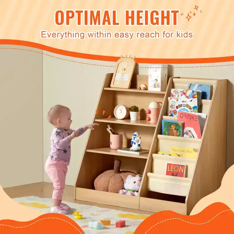Étagère à Livres en Bois à 4 Niveaux pour Enfants, Bibliothèque à Bretelles à Six Couches, Présentoir à Livres de Rangement pour Bébé, Organisateur de Livres et Jouets, pour Chambre d'Enfant, Salle de Jeux