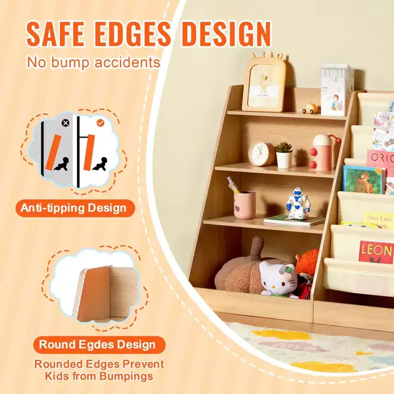 Étagère à Livres en Bois à 4 Niveaux pour Enfants, Bibliothèque à Bretelles à Six Couches, Présentoir à Livres de Rangement pour Bébé, Organisateur de Livres et Jouets, pour Chambre d'Enfant, Salle de Jeux