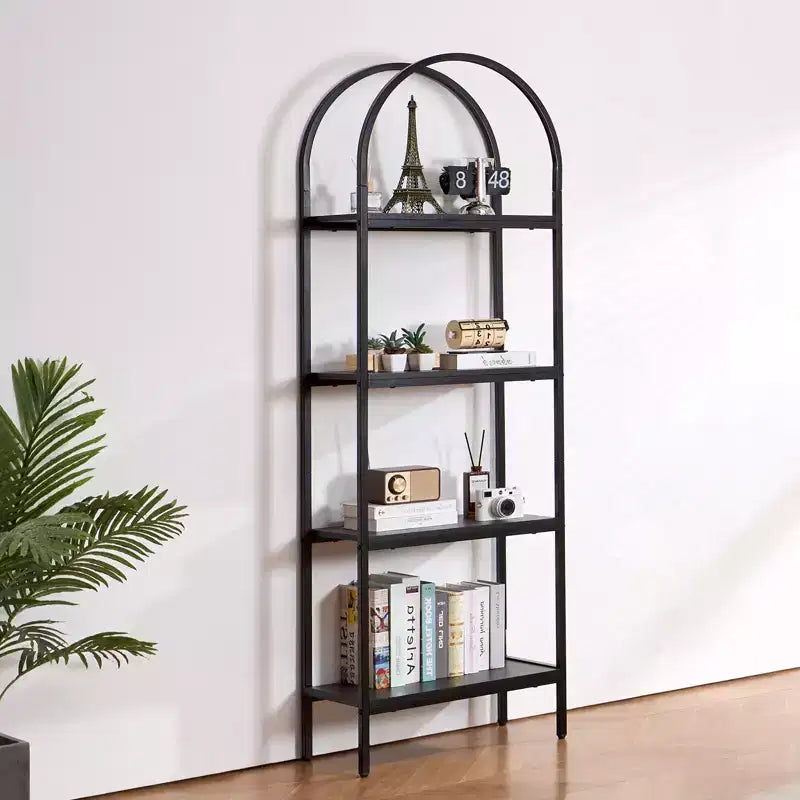 Étagère métallique, bibliothèque industrielle arquée à 4 niveaux, petite bibliothèque de rangement rustique vintage avec étagères ouvertes, étagère de présentation autoportante.