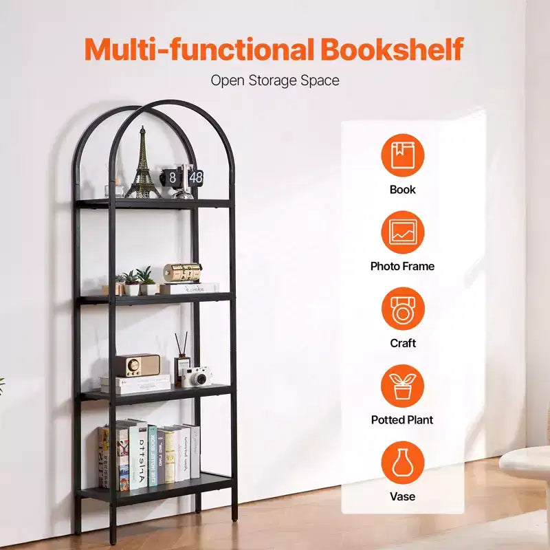 Étagère métallique, bibliothèque industrielle arquée à 4 niveaux, petite bibliothèque de rangement rustique vintage avec étagères ouvertes, étagère de présentation autoportante.