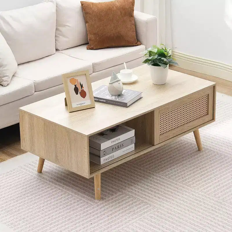 Table basse en rotin, Table basse moderne du milieu du siècle, Table basse rectangulaire en bois, Table basse de rangement à deux niveaux de style bohème moderne de 106,7 cm