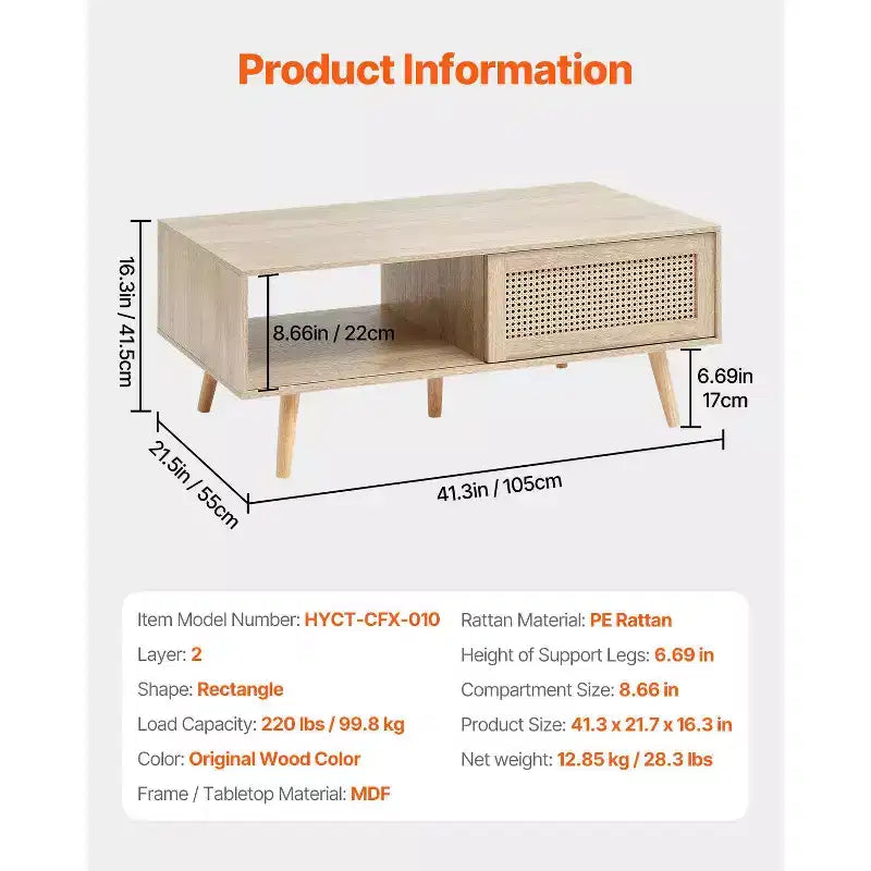 Table basse en rotin, Table basse moderne du milieu du siècle, Table basse rectangulaire en bois, Table basse de rangement à deux niveaux de style bohème moderne de 106,7 cm
