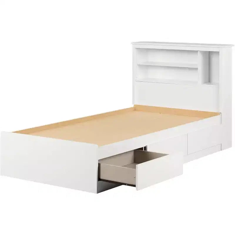Lit de 101,6 cm de haut, blanc, double, avec bibliothèque, en panneaux de particules