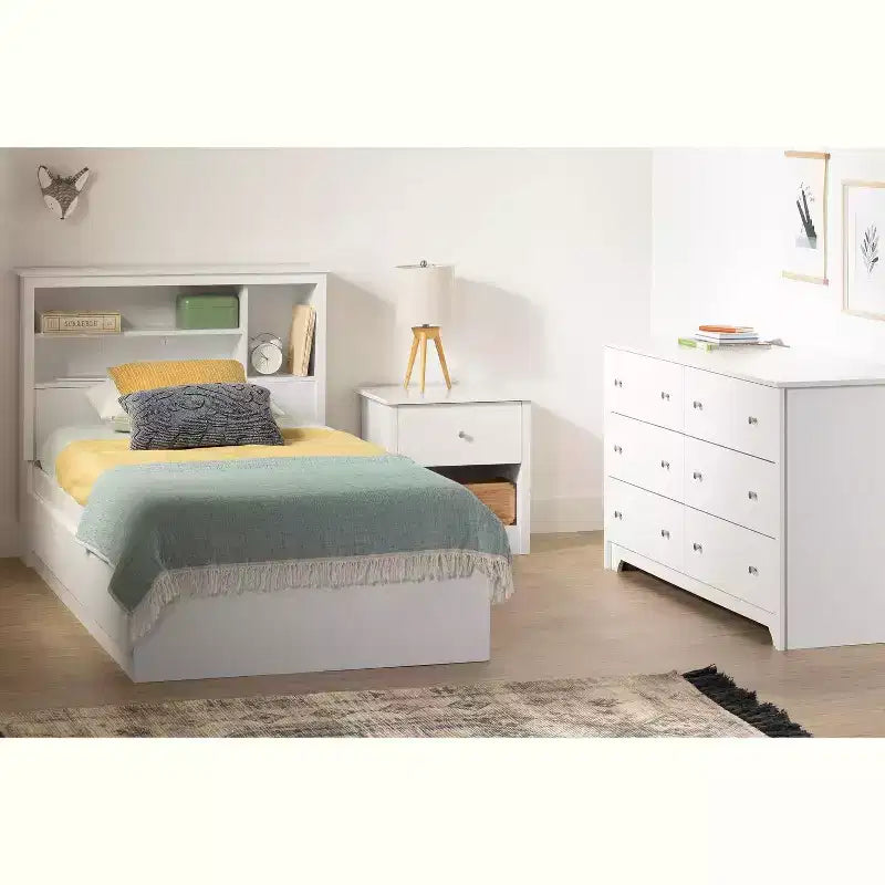 Lit de 101,6 cm de haut, blanc, double, avec bibliothèque, en panneaux de particules