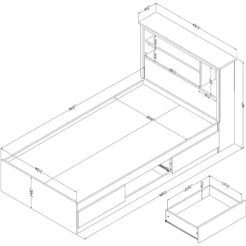 Lit de 101,6 cm de haut, blanc, double, avec bibliothèque, en panneaux de particules
