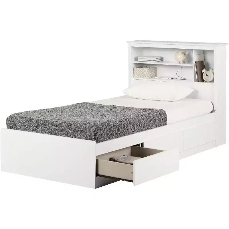 Lit de 101,6 cm de haut, blanc, double, avec bibliothèque, en panneaux de particules