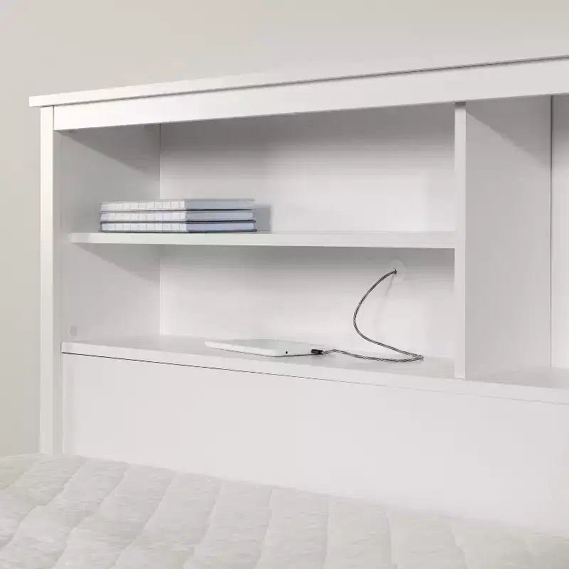 Lit de 101,6 cm de haut, blanc, double, avec bibliothèque, en panneaux de particules