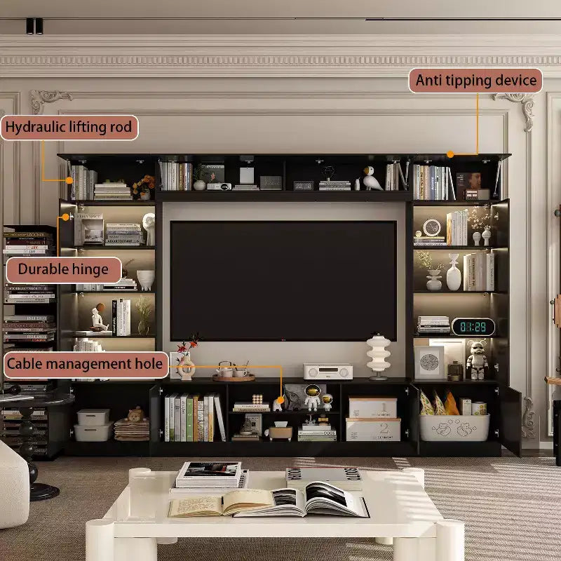 Grand centre de divertissement tout-en-un : Un meuble TV esthétique et pratique, indispensable au salon.